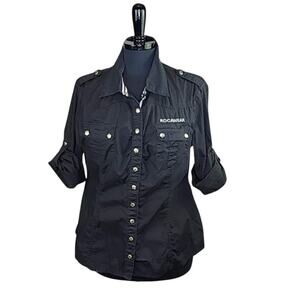Rocawear Cotton Snap Front Top Embroidered Bling Y2K Black Silver XL